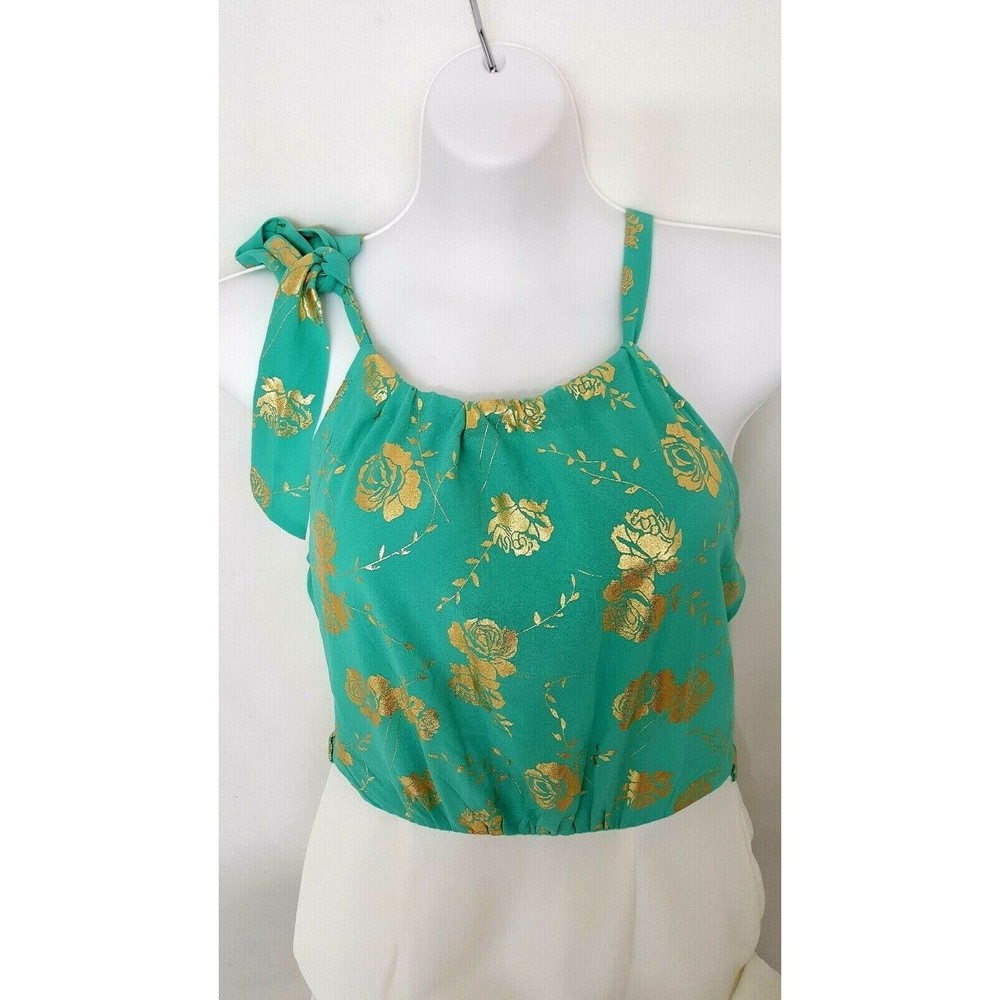Naranka Womens Sun Dress Size Large Sleeveless Green Gold Foil White - Picture 6 of 13